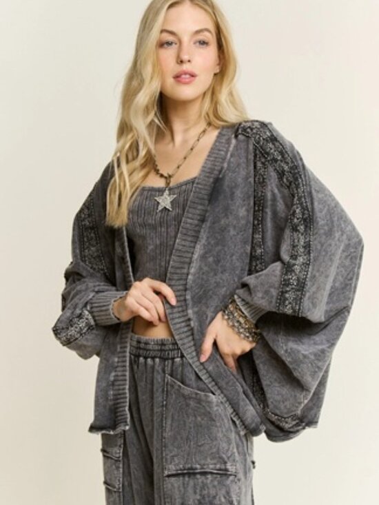 J.Her Other - JHER DOLMAN SLEEVE CARDIGAN-BATWING SLEEVEACID WASH/CHARCOAL GREY